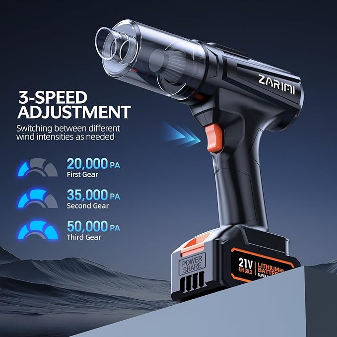 ZARIMI Cordless Handheld Car Vacuum Cleaner, 50,000Pa High-Power Brushless Motor, Rechargeable Dust Buster with 2 Batteries & Charger, 6-in-1 Portable Vacuum Cleaners for Home, Pet Hair, Bright Black