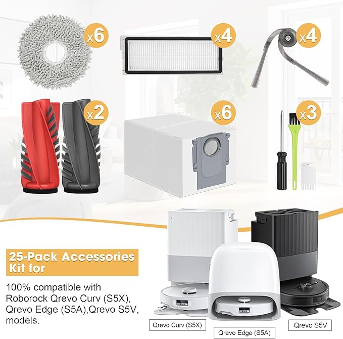 DrRobor 25PCS Qrevo S5V Replacement Accessories Kit Compatible with Roborock Qrevo Curv/Curv S5X/Qrevo Edge/Edge S5A Includes Dual Main Brush, HEPA Filters, Mop Pads, Side Brushes, Dust Bag and Tools