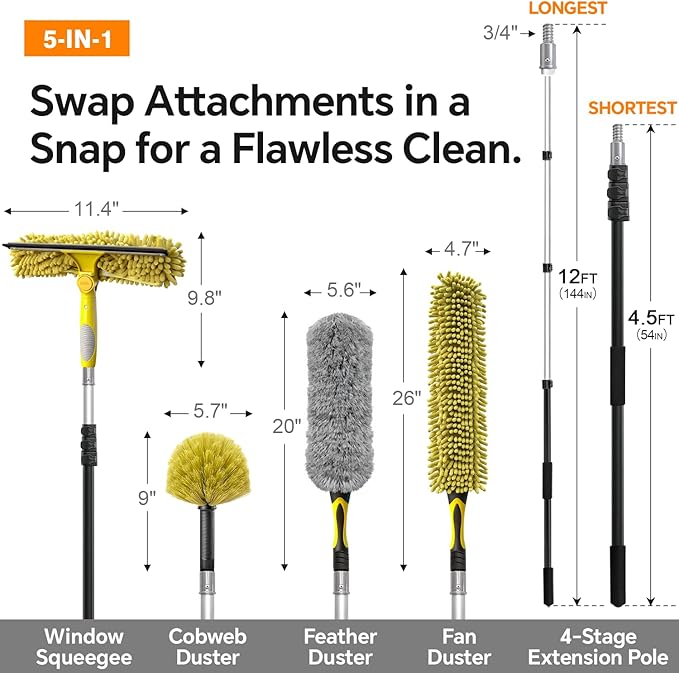 ARTIPOLY 20 Foot Telescoping Extension Pole Kit, 5-in-1 High Reach Duster with Chenille Window Squeegee Microfiber Feather Cobweb Duster for Ceiling Wall Hard-to-Reach Indoor & Outdoor Cleaning Yellow