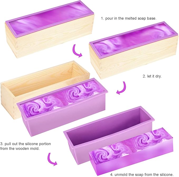 ZOENHOU 4 PCS 42oz Purple Soap Molds and 4 Wooden Lids, Flexible Rectangular Silicone Soap Making Molds Kit with Wood Box DIY Tool Set for Soap Making Supplies