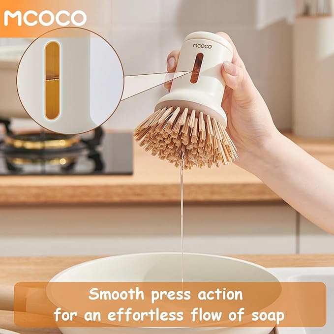 MCOCO Dish Brush Set with Soap Dispensing Palm Brush Dish Scrub Brush with Soap Dispenser Palm Dish Brush Kitchen Cleaning Brush with Ergonomic Long Handle for Cleaning Sink, Pot, Pan, Stove, White