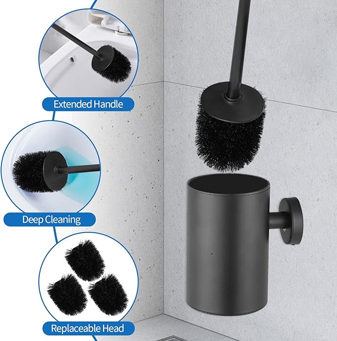 Wall Mounted Toilet Brush and Holder Set, 304 Stainless Steel Toilet Bowl Brush with 3 Replacement Heads, Space-Saving Bathroom Cleaning Brush, Matte Black Finish