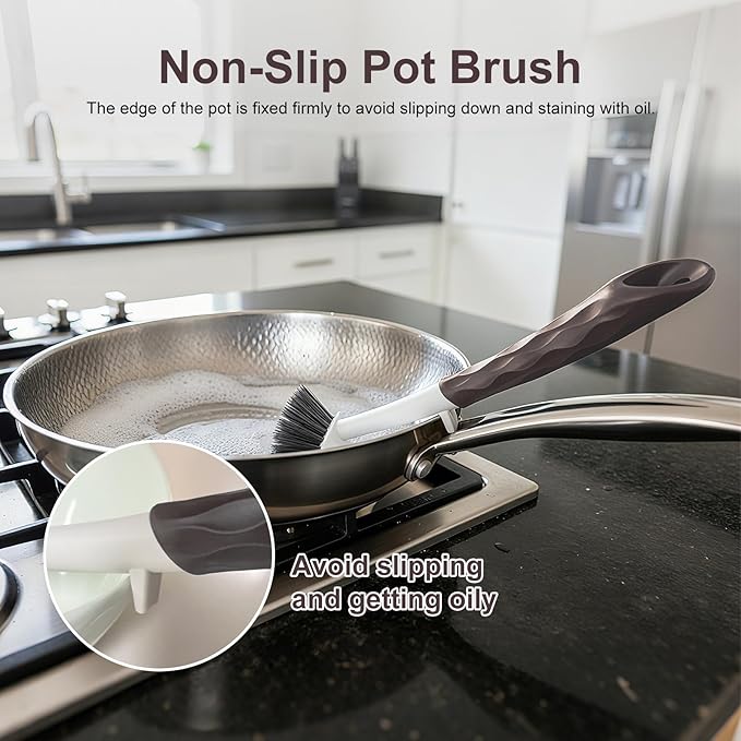 DMBMHMBDF Dish Brush, 2 Pack with Comfortable Handle, with Built-in Scraper, Scrub Brush with Stiff Bristles for Cleaning Dishes, Sink, Pots (Brown)