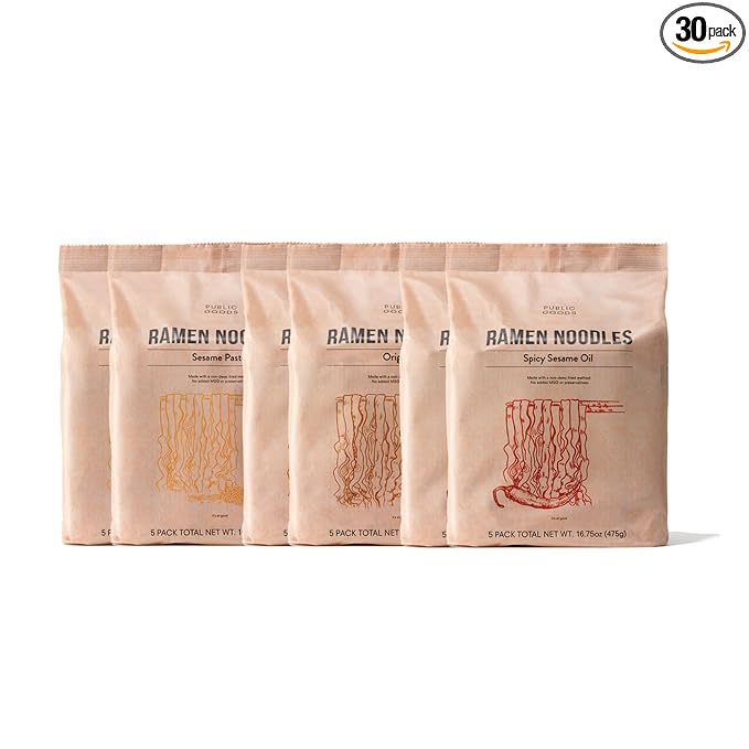 Public Goods Ramen Noodles | Brothless Vegan & Vegetarian Instant Ramen | Healthy, High Protein Asian Noodle | Preservative Free | No Added MSG | Original, Sesame Paste & Spicy Sesame Oil (30 Pack)