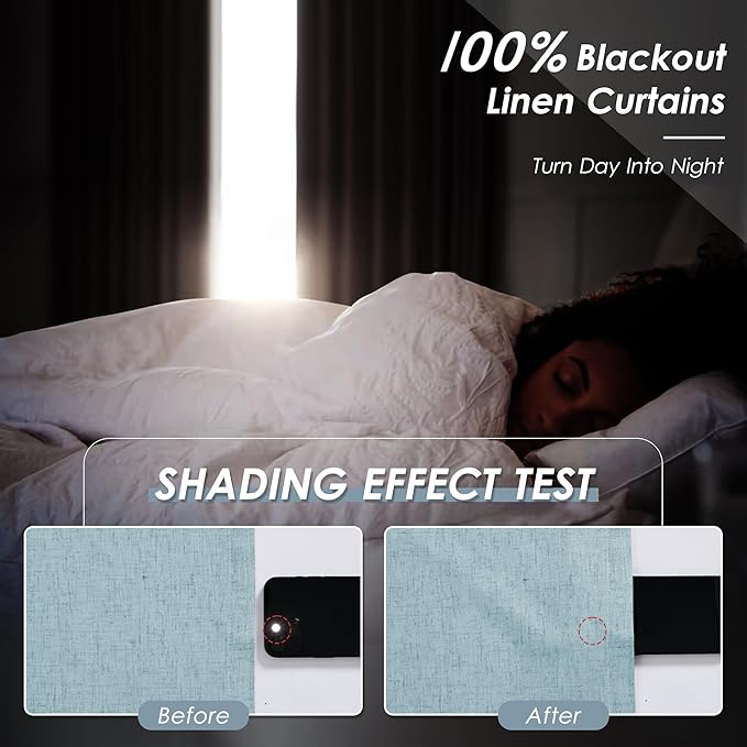 Light Blue Linen Blackout Curtains 120 Inch Length 2 Panels Set Burg Extra Long 10 Ft Back Tab Pocket Drapes Cotton Textured Total Sun Blocking Curtains for Living Room Cottage High Window 52x120