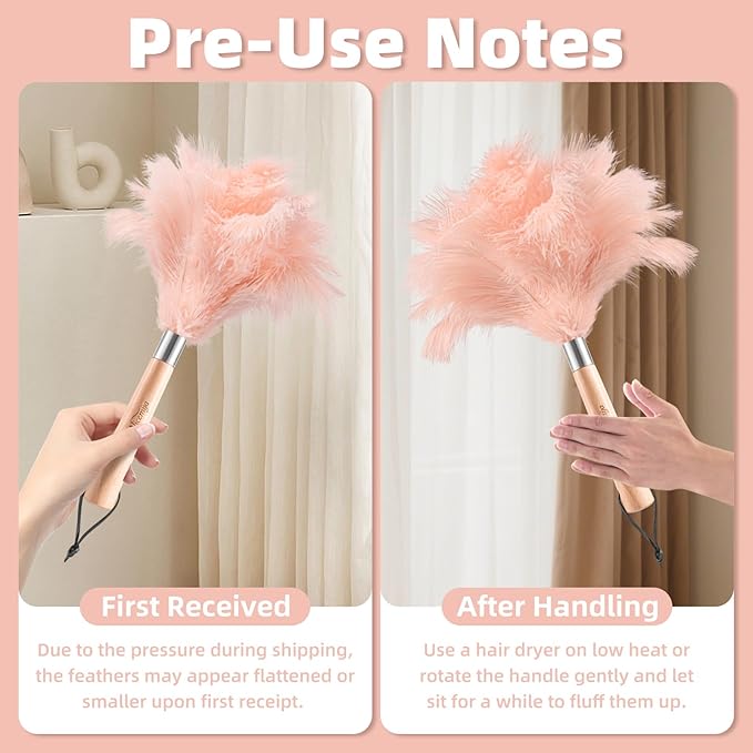 Pink Ostrich Feather Duster with Wooden Handle, 13.5 inch Natural Fluffy Cleaning Tool for Dusting Home, Car, Delicate Surfaces, Reusable Decorative Duster for Ledges, Blinds & Stylish Home Decor