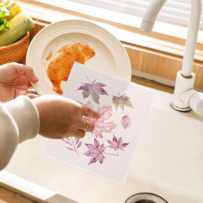 Pink Fall Pumpkin Swedish Dishcloths for Kitchen Cloths Towels, Pumpkin Maple Leaves Farm House Gifts 4 Pack Dish Cloths for Kitchen, Papaya Reusable Cleaning Paper Towels Washable