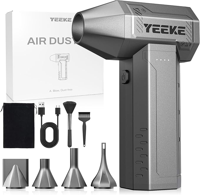 Yeeke Compressed Air Duster, 300000 RPM & 400 G Wind Pressure, 10000 mAh Battery with Fast Charging, 4-Gear Electric Air Duster Rechargeable, Electric Duster Mini Blower with LED Light for Cleaning