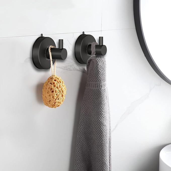 DGYB Black Suction Cup Hooks for Shower Set of 4 Bathroom Towel Hooks for Wall SUS 304 Stainless Steel Vacuum Hooks for Loofah 15 LB Glass Shower Door Hook