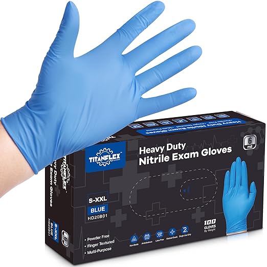 TitanFlex Nitrile Exam Gloves, Blue, 6-mil, Medium, Box of 100, Heavy Duty Nitrile Gloves Disposable Latex Free, Powder Free, Medical Gloves, Cooking Gloves, Mechanic Gloves, Cleaning Gloves