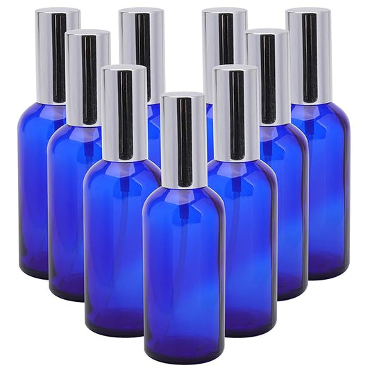 Foraineam 9 Pack 100ml / 3.4 oz. Blue Glass Spray Bottles with Atomizer Refillable Fine Mist Spray Bottle Containers for Perfume, Essential Oils, Cleaning Products