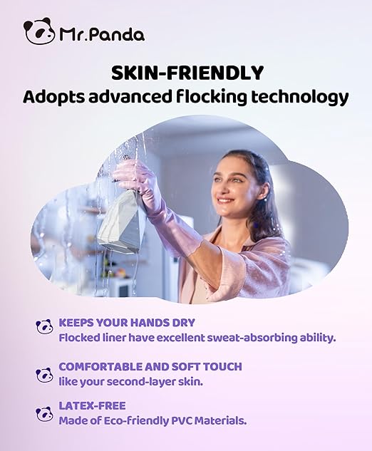 Mr.Panda 3 Pairs Skin-Friendly Flocked Cotton Liner Cleaning Gloves Medium, Reusable Dishwashing Gloves for Washing Dishes, Kitchen, Shimmering Pink