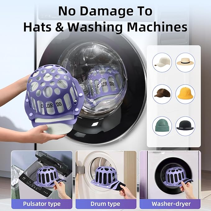 Silicone Hat Washer Cage Hat Cleaner for Baseball Caps, Rust-Proof & Shape-Saving Design,Ball Cap Washer Fit for Adults and Kids Hats Shaper,Flexible and durable，Cap holder,Purple