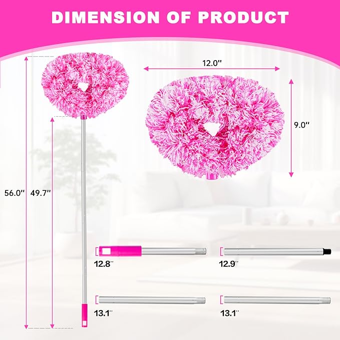 Heonay Ceiling Fan Cleaner Duster Reusable Microfiber Ceiling Fan Blade Cleaner Removable Duster with Extension Pole Adjusts 13 to 49.7 Inch for Cleaning Walls Furniture Door Window Top (Rosy White)