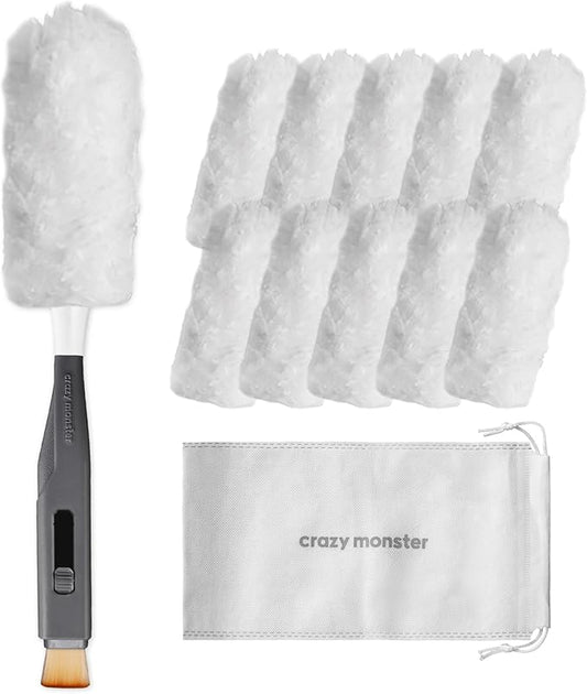 KMMOTORS 2-in-1 Full Circle Car Duster – Soft Microfiber Duster with Hidden Brush, Extendable Handle, 360° Cleaning, 10 Refills & Storage Bag Included. Ideal for Dash & Interior (Main Unit_Gray)