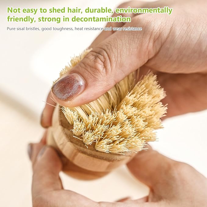 2er Pack Palm Pot Brush- Bamboo Round Mini Dish Brush Natural Scrub Brush Durable Scrubber Cleaning Kit with Union Fiber and Tampico Fiber for Cleaning Pots, Pans and Vegetables (B, M)