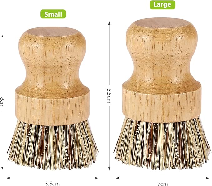 2er Pack Palm Pot Brush- Bamboo Round Mini Dish Brush Natural Scrub Brush Durable Scrubber Cleaning Kit with Union Fiber and Tampico Fiber for Cleaning Pots, Pans and Vegetables (A, L)