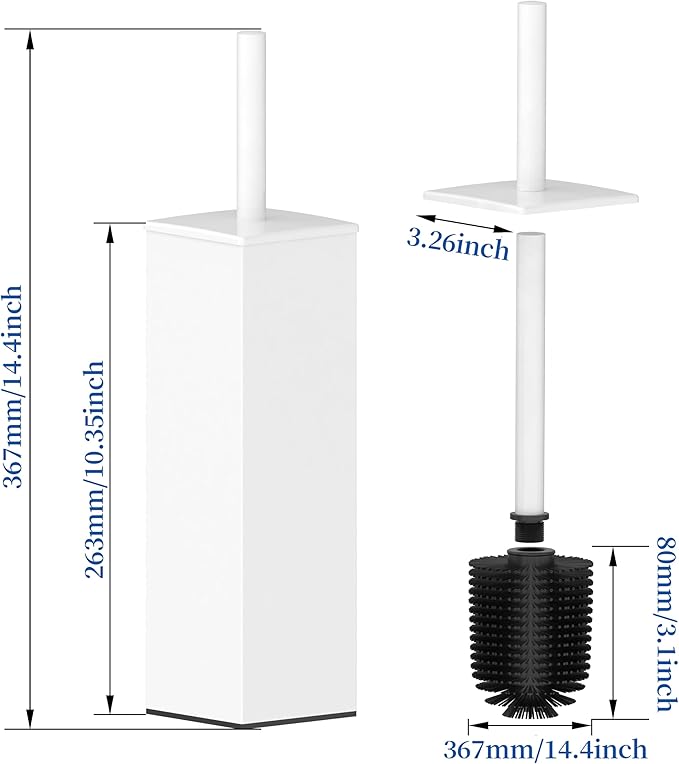 RUACQ Toilet Brush and Holder Set 2pcs,Square Toilet Bowl Brush for Bathroom with 304 Stainless Steel Handle Toilet Cleaner Brush with Durable Scrubbing Bristles,Splash-Proof (White)