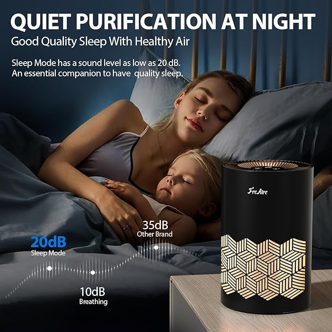 FreAire Air Purifiers for Bedroom Covers Up to 1086 Ft², Air Purifiers for Home, HEPA Air Purifier with Lights, Air Purifier Removes Dust Smoke Pollen Dander Smell, for Home/Pets/Bedroom (Black)