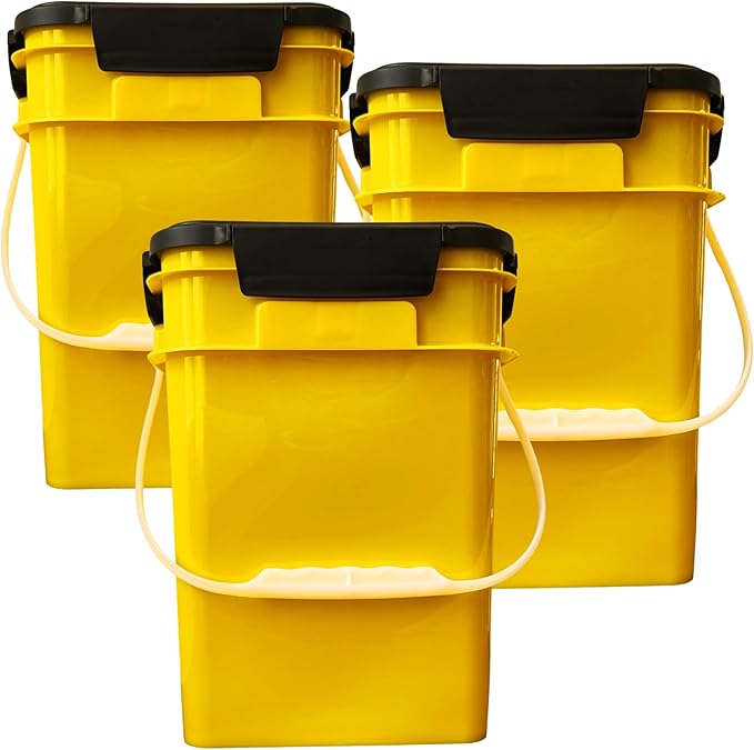 House Naturals 4 Gallon Square Buckets with lids- Made in USA Container- Pack of 10 (Yellow - Black lids)