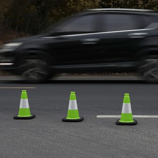Fluorescent Orange/Green PVC Traffic Cones, Heavy Black Base Parking Lot Cone Structurally Stable Weatherproof Road Construction Safety Cones (8, Green, 12" Small)