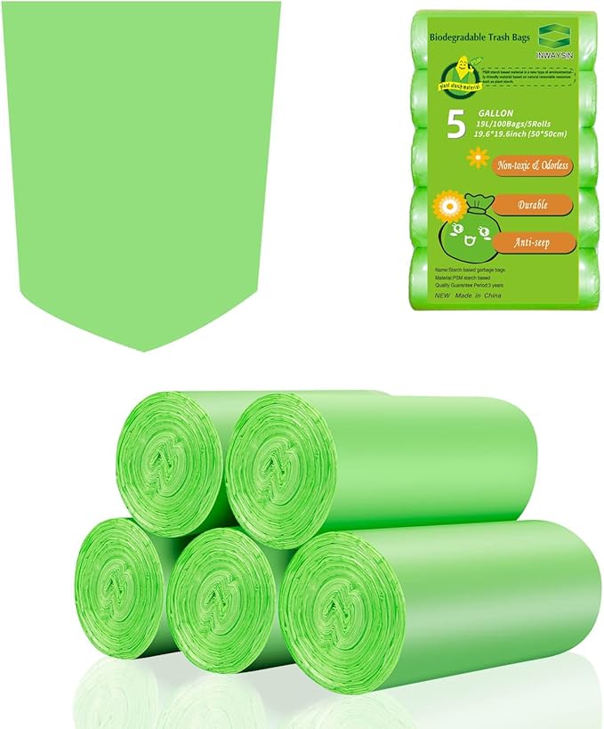 5 Gallon Biodegradable Garbage Bags - Inwaysin 100 Count Unscented Compostable Trash Bags Leakproof & Tear Resistant Wastebasket Liners Fit for Kitchen Pet or Diaper Pail, 5 Rolls, Clear Green