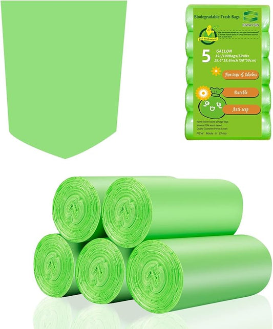 5 Gallon Biodegradable Garbage Bags - Inwaysin 100 Count Unscented Compostable Trash Bags Leakproof & Tear Resistant Wastebasket Liners Fit for Kitchen Pet or Diaper Pail, 5 Rolls, Clear Green