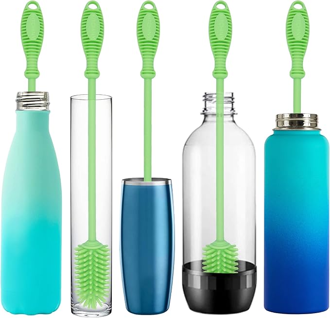 12.5" Silicone Bottle Brush & Straw Cleaner Brush Set | Water Bottle Cleaner for Hydro Flasks, Tumblers, Glassware, Vases and Narrow Neck Containers
