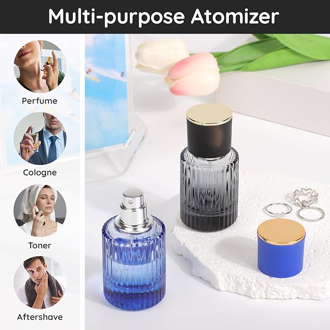 Segbeauty 1oz Glass Perfume Bottles Empty Cologne Bottle 4Pack of 2pcs Travel Containers Blue Atomizer Sprayer for Perfume, 2pcs Black Travel Size Cologne Refill Bottle with Transfer Tools Set
