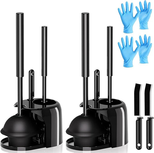 2 Pack 4 in 1 Toilet Brush and Plunger Set with Crevice Cleaning Brush, Toilet Plunger and Brush Set with Extra Long Handle, Plungers for Bathroom Accessories, Toilet Plunger with Holder, Black
