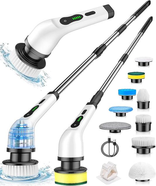 Electric Spin Scrubber, Cordless Cleaning Brush, Shower Scrubber with 9 Brush Heads 2H Power Dual Speed, Adjustable Extension Handle, IPX7 Waterproof for Tub Tile Floor Car, O-White.