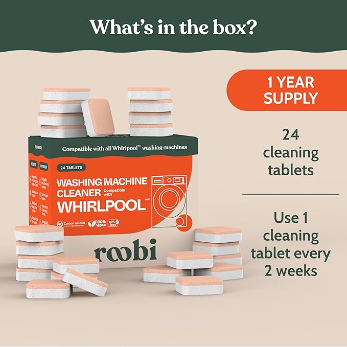 Roobi Washing Machine Cleaner Tablets compatible with Whirlpool. Deep Clean Formula Eliminates Odor, Residue & Build-Up. Carbon-Neutral & Septic-Safe 24-Pack Cleaning Tablets.