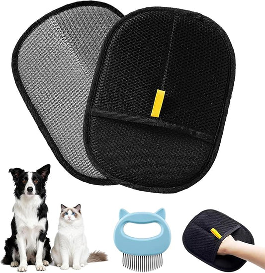 Xylpaar 2 Pcs Black Double Sided Pet Hair Removal Gloves, Electrostatic Magic Brush Pet Hair Remover and Grooming Tool with Shell Comb for Dogs & Cats, Sofa, Bed, Car and Furniture