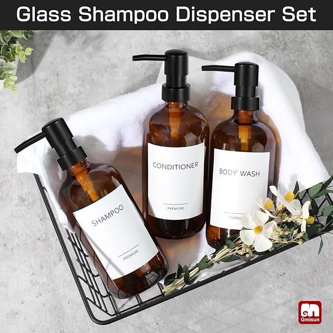 GMISUN Glass Shampoo and Conditioner Dispenser, Shower Soap Dispenser Bottles with Labels, Refillable Shampoo Conditioner Body Wash Dispensers, Amber Glass Soap Pump Dispenser Set for Bathroom Shower