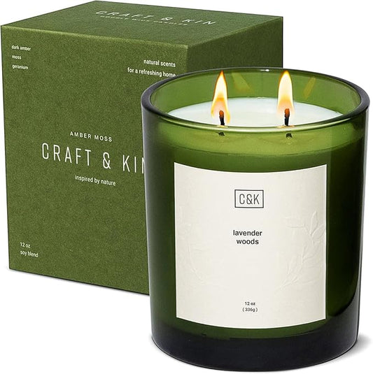 Craft & Kin Lavender Candle | 12oz Premium Lavender Woods Fall Scented Candles for Men and Women | Made with Natural Soy | Nature Collection