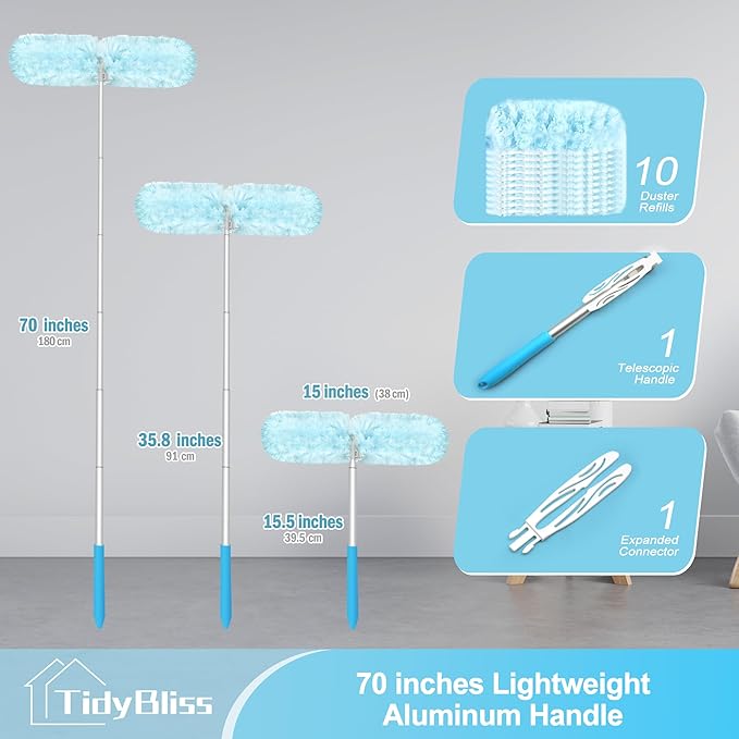TidyBliss 6 ft Extendable Dusters for Cleaning Compatible with Swiffer, Super Long Handle Dusting Wand Kit with 10 Refills, 360 Degree Heavy Duty Microfibers Dust Removing Tool for Ceiling Fan Wall