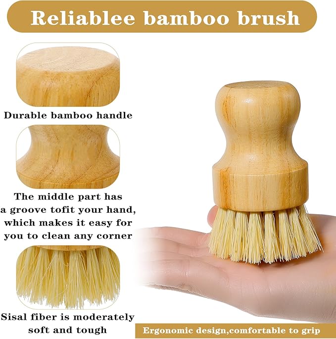 12 Pcs Bamboo Dish Scrub Brushes with Natural Sisal Bristles for Cleaning Pots, Pans, Dishes, Sink, 3.14x2.17 Inches