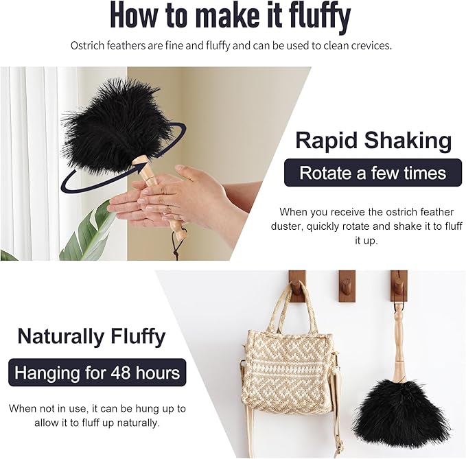 MehelloFeather Ostrich Feather Duster 12 Inch Handheld Duster Supplies, Wooden Handle Feather Duster for Cleaning Keyboard Home Car Office (Black)