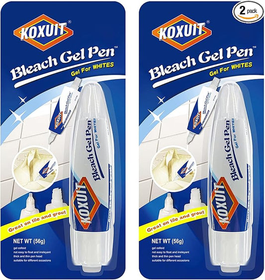Portable Dual-Tip Bleach Pen for White Clothes & Grout - Travel-Ready 2-in-1 Gel Applicator with Brush Head, Non-Drip Cleaner for Bathroom Lines & On-The-Go Use (Milky White)2PCS.