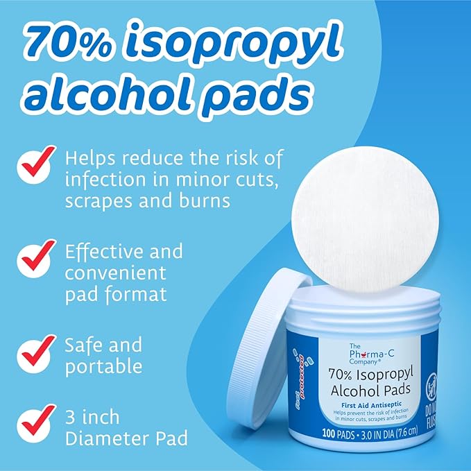 The Pharma-C Company - 70% Isopropyl Alcohol Pads [12-100ct jars]. First Aid - Bulk Antiseptic Wipes - Extra Large Pads - for minor cuts, scrapes and burns.
