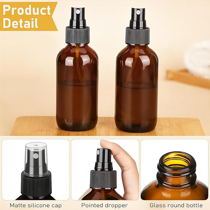 80 Pcs 2 Oz Glass Spray Bottles Fine Mist Spray Bottle Refillable Cosmetic Bottles Empty Small Bottle for Essential Oils Travel Cleaning Solutions Featuring Accessories (Amber)