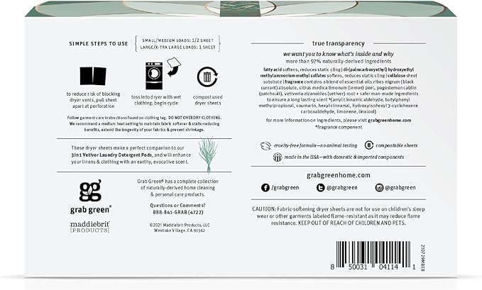 Grab Green Dryer Sheets, 160 Sheets, Vetiver Scent, Plant Based, Softens Fabrics, Reduces Static Cling and Wrinkles