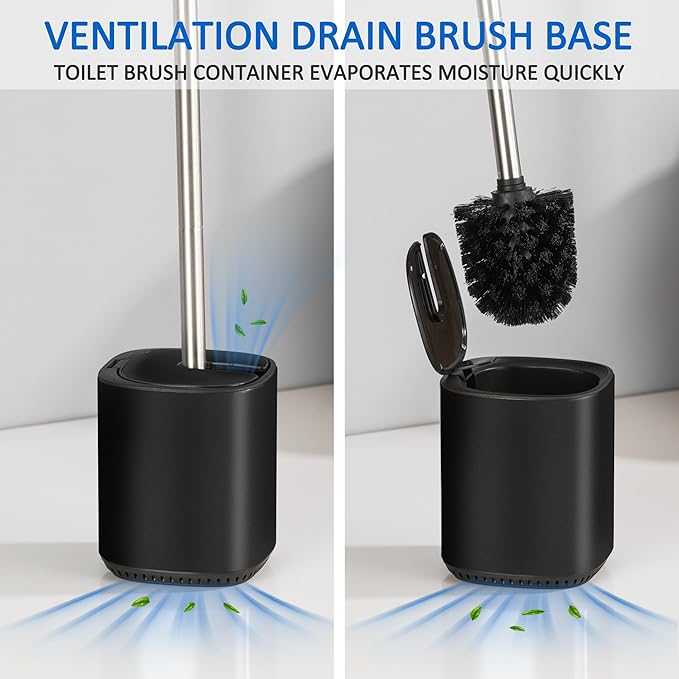 Leadfun Toilet Bowl Brush and Holder, Toilet Brush with Stainless Steel Handle and Durable Bristles for Bathroom Cleaning, Automatic Closing Holder Set (Black)