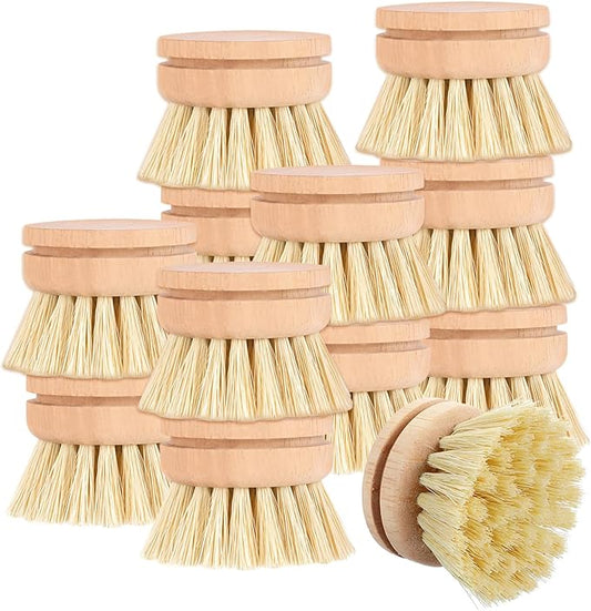 12 Pcs Bamboo Dish Brush Replacement Heads, Natural Sisal Bristle Refills, Eco Friendly Compostable Scrubber Heads for Cleaning Kitchen Utensils