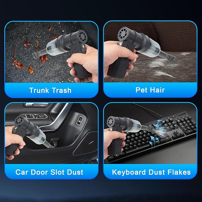 NUHFUFA 4-in-1 Compressed Air Duster with Light, Handheld Car Vacuum/Air Blower/Pump/Inflate 130000RPM Adjustable Electric Vacuum Cleaner for Computer Keyboard Car Home(Black)