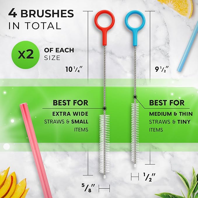 Buenalife Heavy Duty Cleaning Brushes Set of 4 - Extra Long Straw Cleaners for Metal and Plastic Reusable Drinking Straws, to Clean Small Spaces, Sippy Cups, Water Bottles - Sturdy Hard Brush Bristles