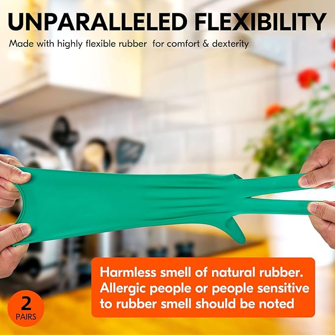 Vgo... 2-Pairs Reusable Household Gloves, Rubber Dishwashing gloves, Extra Thickness, Long Sleeves, Kitchen Cleaning, Working, Painting, Gardening, Pet Care (Size S, Green, HH4601)
