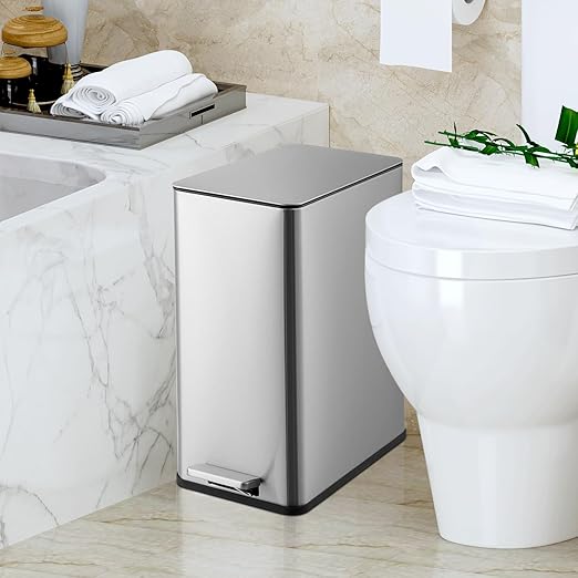 15 L Kitchen Step Trash Can, 4 Gallon Narrow Stainless Steel Waste Bin with Soft-Close Lid, Rectangle Rubbish Bin with Removable Inner Bucket for Bathroom, Dining Room, Living Room