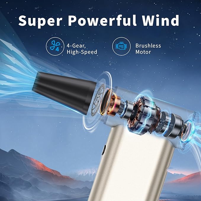 Rckskaya Compressed Air Duster, 300000RPM Powerful Electric Air Duster Rechargeable Battery, 4-Gear Handheld Blower Cordless, Phone Charger, Mini Blower for Keyboard, Computer, House, Outdoor and Car