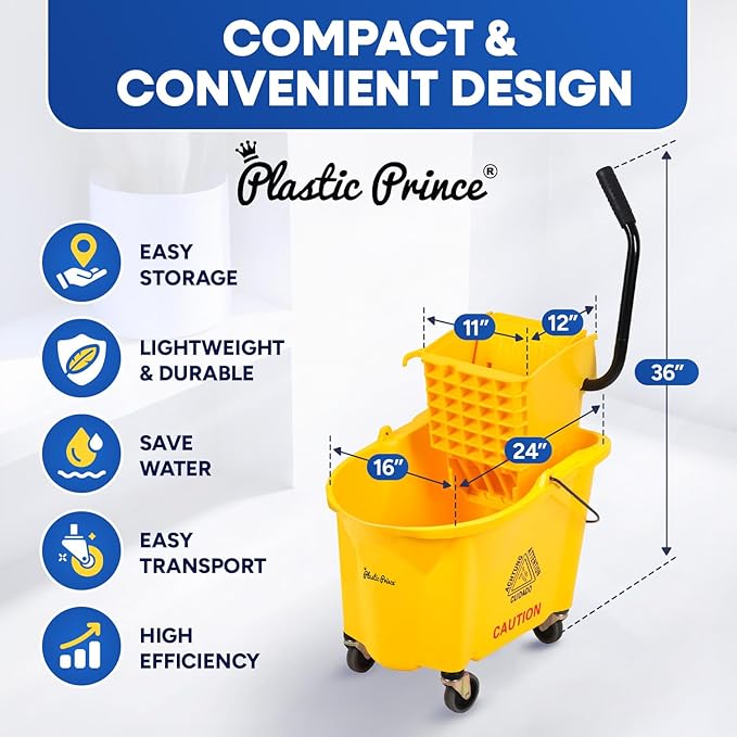 Commercial Mop Bucket with Wringer on Wheels, Heavy Duty Industrial Mop Bucket and Wringer, Side-Press Bucket with Wringer Set for Home Office Restaurant Business, 35-Quart - Yellow